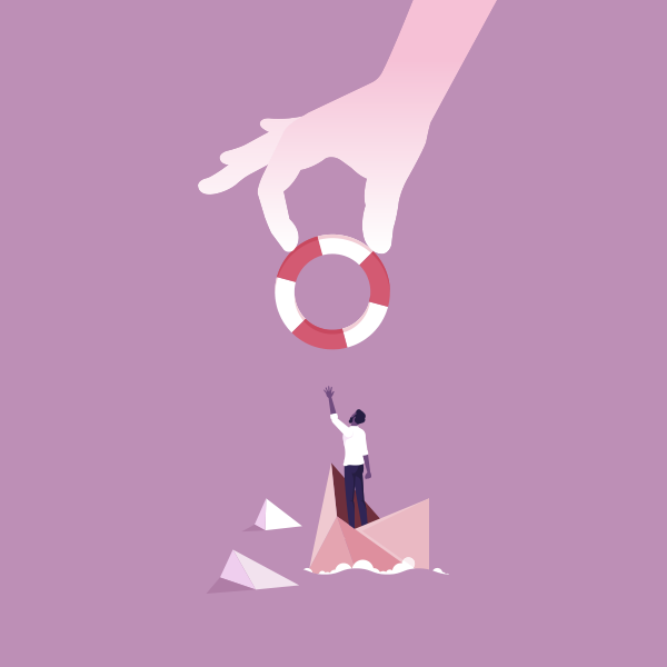 An illustration of a hand offering a preservation ring to a stranded person