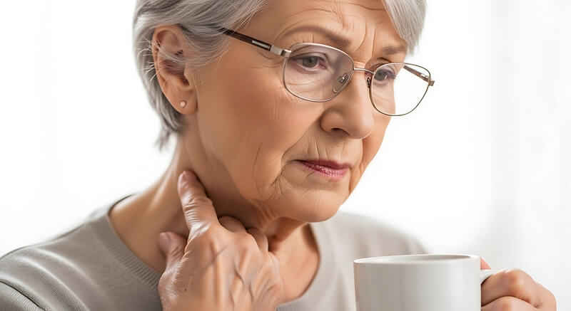 Concerned older woman feels a lump in her neck.