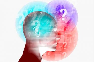 3D side profile of a head with question mark bubbles surrounding the head