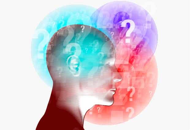 Perfil lateral 3D de una cabeza con burbujas de interrogación rodeando la cabeza