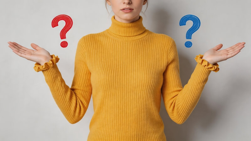 Woman looking confused with question marks around her.